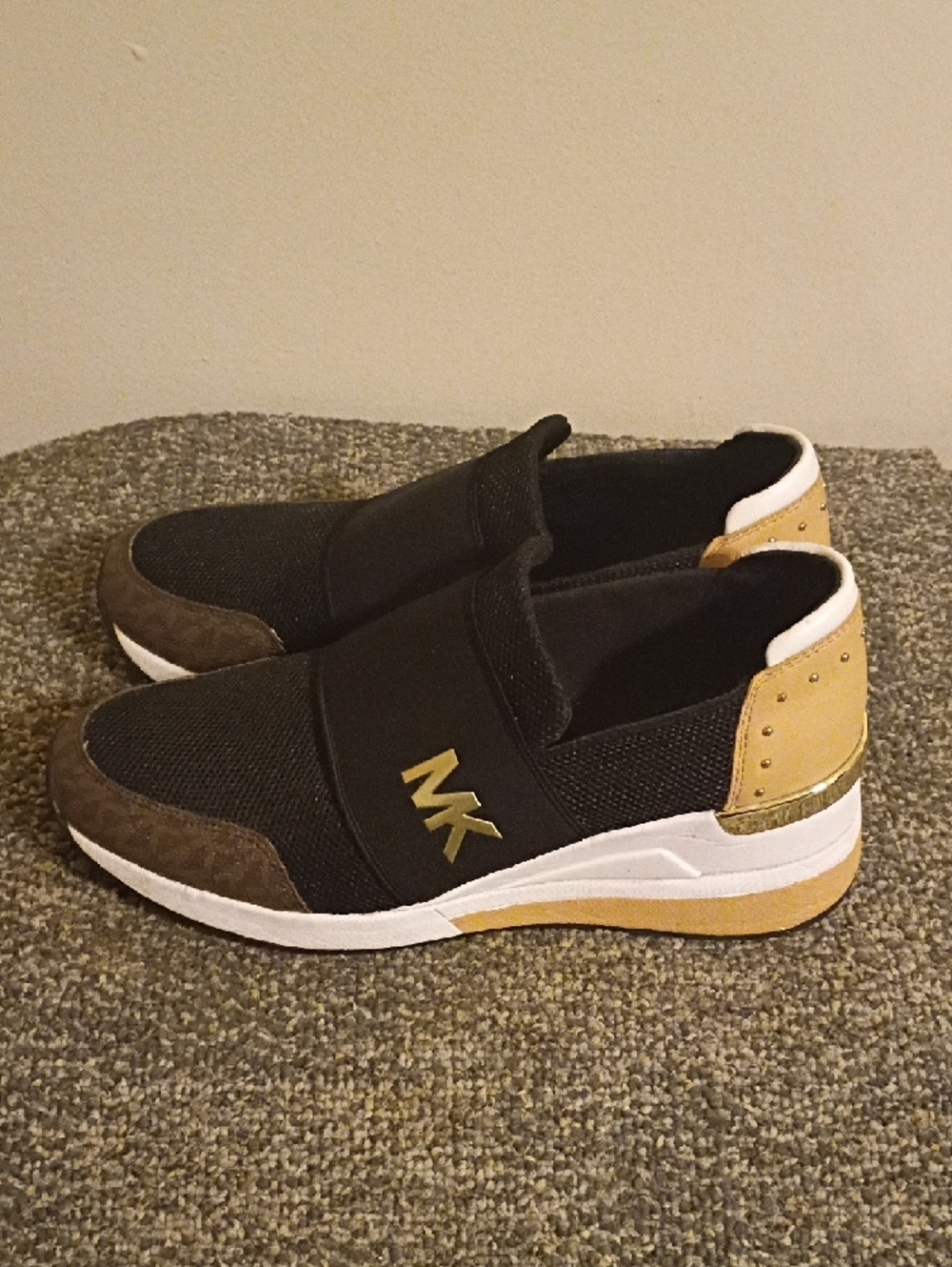 Michael Kors Felix Black Slip-On Sneakers with Gold Accent Wedge Heel Size 9.5 - Picture 3 of 11